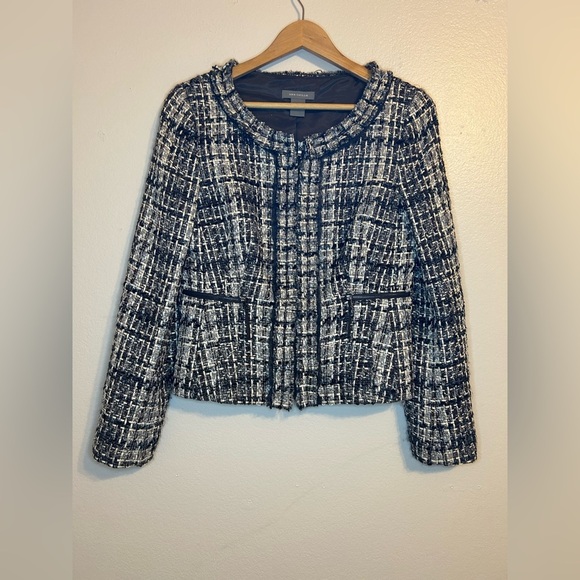 Ann Taylor Tweed Jacket Black White Zip Pocket Size 6 - Picture 2 of 12